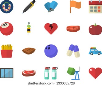 Color flat icon set window flat vector, concrete mixer, chop, tomato, French fries, canape, flag, pills, ampoule, pen, bowling ball, boxing gloves, car fector, hawaiian wreath, calendar, heart