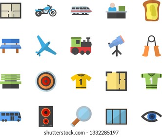 Color flat icon set window flat vector, house layout, induction cooker, sandwich, bench, office worker, magnifier, telescope, carpal expander, sport T shirt, aircraft fector, train, bus, motorcycle