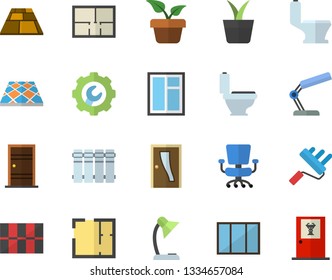 Color flat icon set window flat vector, paint roller, toilet, house layout, Entrance door, tile, repair, flooring, heating batteries, home plant, office chair, reading lamp, doctor's fector