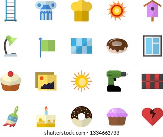 Color flat icon set window flat vector, drill screwdriver, ladder, tile, cook hat, cupcake, cake, donut, nesting box, paint brush, flag, reading lamp, antique column fector, sun, gallery, heart