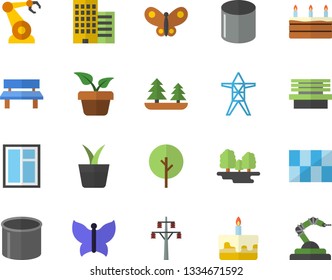 Color flat icon set window flat vector, skyscraper, tile, cake, home plant, tree, butterflies, bench, forest, power line support, pipe production, robotics