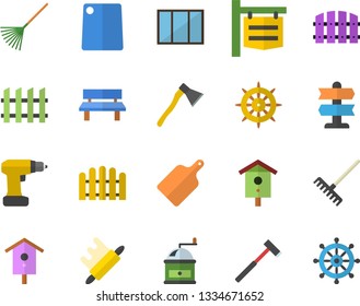 Color flat icon set window flat vector, drill screwdriver, fence, ax, rolling pin, cutting board, coffee grinder, nesting box, rake, bench, signboard, pointer fector, steering wheel