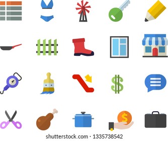Color flat icon set window flat vector, fence, saucepan, frying pan, spring balance, scissors, chicken, windmill, paint brush, gumboots, store front, dollar, investments, pencil, swimsuit, key, menu