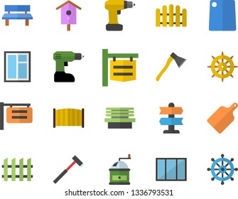 Color flat icon set window flat vector, drill screwdriver, fence, ax, cutting board, coffee grinder, nesting box, bench, signboard, pointer fector, steering wheel