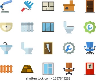Color flat icon set window flat vector, paint roller, sink, toilet, house layout, Entrance door, repair, flooring, heating batteries, fireplace, office chair, reading lamp, doctor's fector