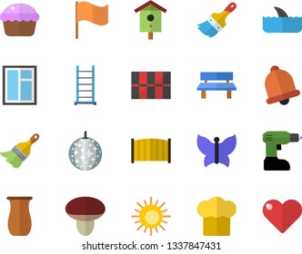 Color flat icon set window flat vector, drill screwdriver, ladder, paint brush, tile, fence, cook hat, jugful, cupcake, mushroom, nesting box, butterflies, bench, flag, sun fector, disco ball, shark