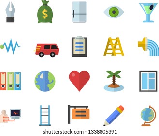 Color flat icon set window flat vector, ladder, fridge, cocktail, hose irrigation, earth, signboard, wealth, trucking, heart, eye, diagnostics, clipboard, ink pen, pencil, folders for papers, island