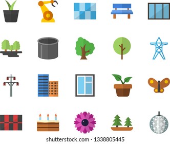 Color flat icon set window flat vector, skyscraper, tile, cake, home plant, tree, flower, butterflies, bench, forest, power line support, pipe production, robotics, disco ball fector