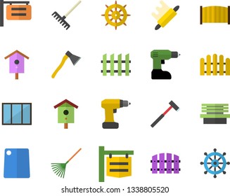 Color flat icon set window flat vector, drill screwdriver, fence, ax, rolling pin, cutting board, nesting box, rake, bench, signboard, steering wheel