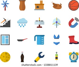 Color flat icon set window flat vector, frying pan, meashuring cup, jugful, chicken, lemonade, canape, windmill, gumboots, rain, fireplace, magnet, wrench, mining, moon, basketball, swimsuit