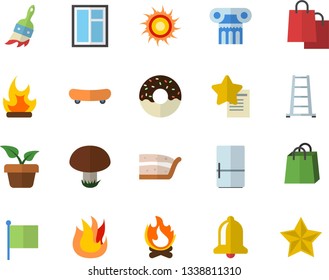 Color flat icon set window flat vector, fire, fridge, piece of cake, donut, mushroom, home plant, paint brush, ladder, bonfire, flag, bags, skateboard, antique column fector, sun, bell, favorites