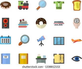 Color flat icon set window flat vector, house layout, induction cooker, donut, sandwich, magnifier, calendar, office worker, notebook, telescope, brain fector, sport T shirt, aircraft, train, eye