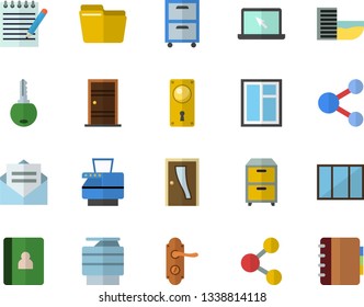 Color flat icon set window flat vector, Entrance door, lock, computer file, copy machine, archive, laptop, notepad, hotel first line fector, share, message, key, notebook