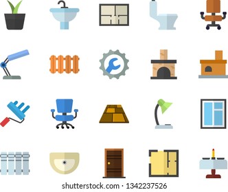 Color flat icon set window flat vector, paint roller, sink, toilet, house layout, Entrance door, repair, flooring, heating batteries, home plant, fireplace, office chair, reading lamp