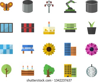 Color flat icon set window flat vector, skyscraper, tile, cake, home plant, tree, flower, butterflies, bench, power line support, pipe production, robotics, disco ball fector