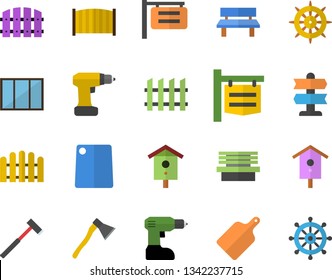 Color flat icon set window flat vector, drill screwdriver, fence, ax, cutting board, nesting box, bench, signboard, pointer fector, steering wheel