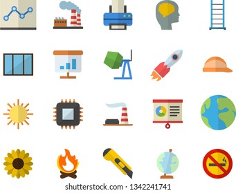 Color flat icon set window flat vector, concrete mixer, ladder, hard hat, stationery knife, flower, sun, bonfire, factory, motherboard, rocket, earth, chart, point diagram, printer, globe