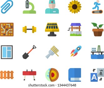 Color flat icon set window flat vector, heating batteries, spaghetti on a fork, well, home plant, flower, shovel, oil production platform, solar battery, rocket, physician, microscope, clip, book