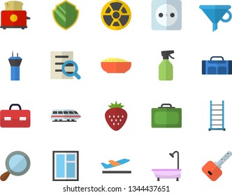 Color flat icon set window flat vector, ladder, shower, toaster, porridge, Strawberry, pulverizer, socket, radiation, funnel, briefcase, magnifier, sport bag, train fector, airport tower, suitcase