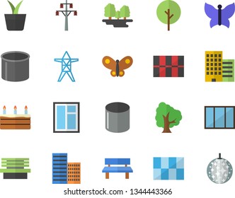 Color flat icon set window flat vector, skyscraper, tile, cake, home plant, tree, butterflies, bench, forest, power line support, pipe production, disco ball fector