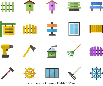 Color flat icon set window flat vector, drill screwdriver, fence, ax, coffee grinder, nesting box, rake, bench, signboard, pointer fector, steering wheel