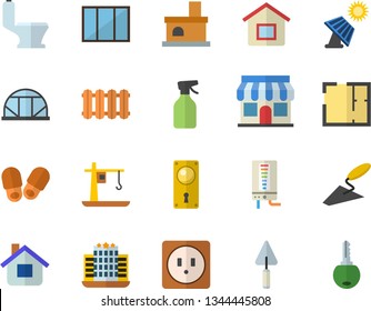 Color flat icon set window flat vector, trowel, toilet, house layout, door lock, sockets, heating batteries, boiler, pulverizer, greenhouse, fireplace, solar battery, crane, store front, slippers