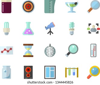 Color flat icon set window flat vector, meashuring cup, induction cooker, jam, thermometer, energy saving lamp, glass bottles, recruitment, point diagram, flask, fector, magnifier, beakers, cocktail