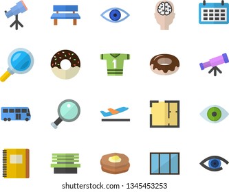 Color flat icon set window flat vector, house layout, donut, pancakes, bench, magnifier, calendar, eye, notebook, telescope, brain  , sport T shirt, bus, departure