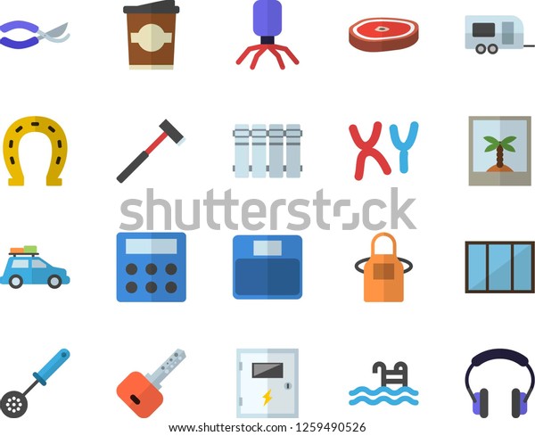 Color flat icon set window flat vector, switch\
box, heating batteries, ax, apron, kitchen spoon, chop, coffe,\
horseshoe, secateurs, virus, chromosomes, calculator, weighing\
machine, pool, car\
fector