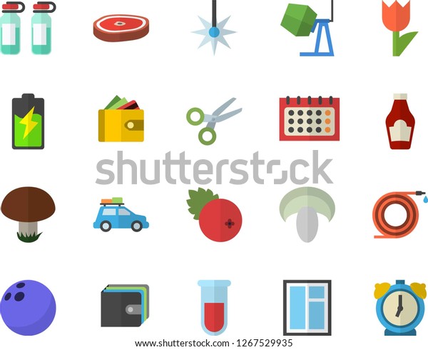Color flat icon set window flat vector, concrete\
mixer, ketchup, mushroom, chop, cranberry, hose, tulip, battery,\
laser, purse, calendar, blood test, ampoule, bowling ball, car\
fector, scissors
