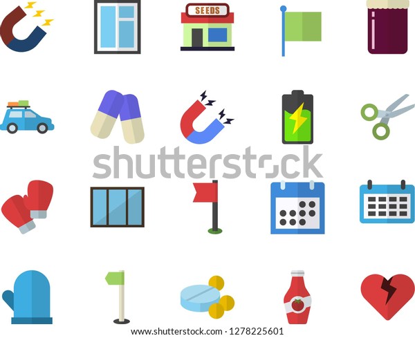 Color flat icon set\
window flat vector, potholder, jam, ketchup, grain warehouse,\
battery, magnet, flag, calendar, pills, sports, boxing gloves, car\
fector, scissors, heart