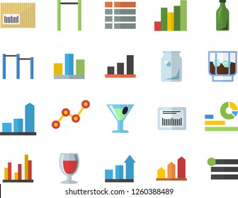 Color flat icon set wine flat vector, cocktail, whiskey, glass bottles, chart, statistics, scatter, barcode, statistic, achievement, parallel bars, menu