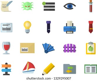 Color flat icon set wine flat vector, fence, barcode, sailboat, blood test, virus, printer, tie, pencil, bulb, hostory roll, diet, flippers fector, pointer, menu, file sharing, eye, book