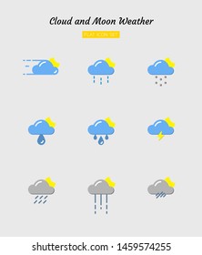 color flat icon symbol set, weather forecast concept, climate, cloud, moon, night, rainy, drop, thunder, windy, Isolated vector design