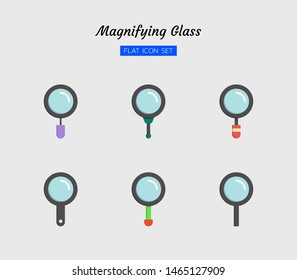 color flat icon symbol set, magnifying glass tool concept, magnification, search, zoom, Isolated vector design