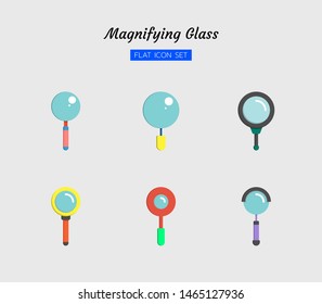 color flat icon symbol set, magnifying glass tool concept, magnification, search, zoom, Isolated vector design