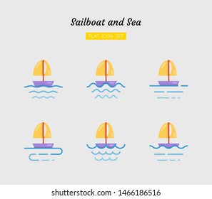 color flat icon symbol set, sailboat and sea concept, Isolated vector design