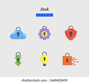 color flat icon symbol set, lock concept, digital technology, arrow transfer, security, cloud, cog, circuit, Isolated vector design