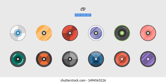color flat icon symbol set, technology equipment concept, digital multimedia, disc, cd-rom, dvd, style, Isolated vector design