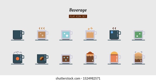 color flat icon symbol set, drink beverage concept, cafe, tea, coffee, water, glass, Isolated vector design