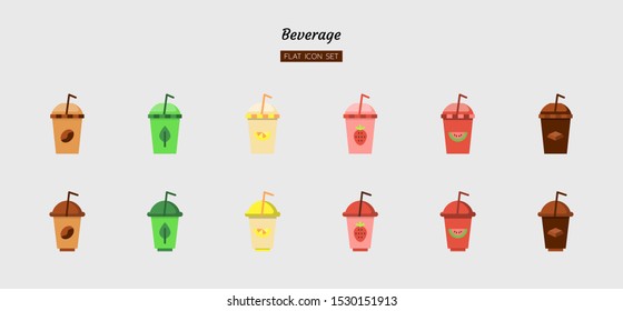 color flat icon symbol set, drink beverage concept, cafe, cup, coffee, tea, chocolate, juice, Isolated vector design
