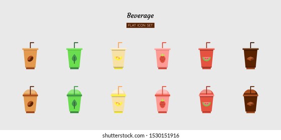 color flat icon symbol set, drink beverage concept, cafe, cup, coffee, tea, chocolate, juice, Isolated vector design