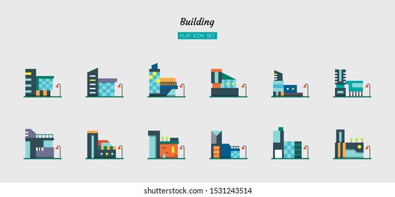 color flat icon symbol set, architecture building concept, office, property, condo, residential, Isolated vector design