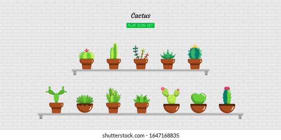 color flat icon symbol set, mini home gardening concept, greenhouse, little cactus, succulent,  Isolated vector design
