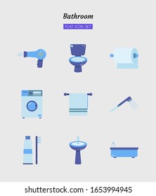 conjunto de símbolos de color plano, concepto de baño en casa, inodoro, diseño vectorial aislado