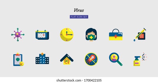 conjunto de símbolos de color plano, concepto de virus, enfermedad, infección, protección, salud, diseño de vector aislado