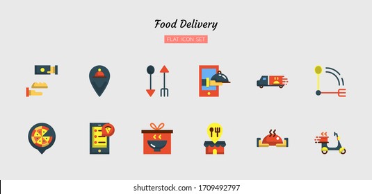 conjunto de símbolos de color plano, concepto de entrega de alimentos, servicio rápido, orden, diseño vectorial aislado
