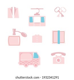 Conjunto de símbolos de color plano. Concepto de viaje, mochila, aventura, llave, teléfono, perfume, teleférico, diseño de vector aislado