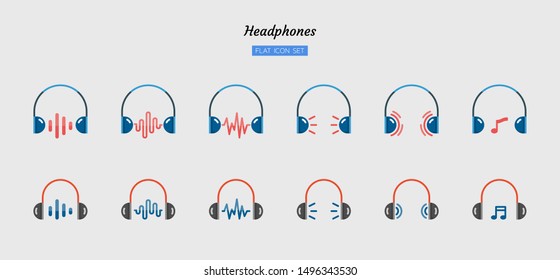 color flat icon symbol set,sound wave headphones concept, digital multimedia, technology, Isolated vector design