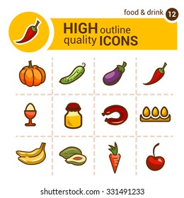 Color flat icons of food and kitchen, vector set.